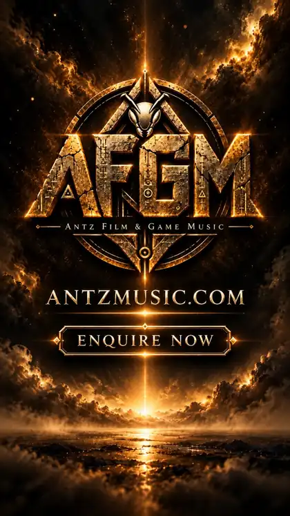 Gold AFGM film and game music artwork with antzmusic.com and Enquire Now